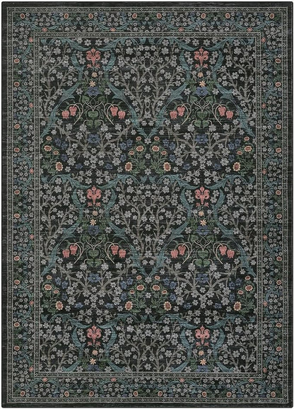GarveeHome Washable Rug for Living Room, 8x10 Large Area Rug for Dining Room Under Table, Bedroom, Floral Soft Low Pile Non Slip Stain Resistant Carpet for Nursery, Playroom, Office, Dark Black
