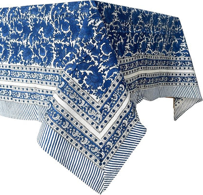 ATOSII Paradise Blue 100% Cotton Rectangle Summer Tablecloth, Handblock Floral Print Linen Table Cloth for Kitchen Dining I Parties, Weddings, Outdoors, 60 X 108 Inches I 8 Seater