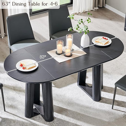 OKD 63" Dining Table for 6-8, Oval Dining Room Table with Triangular Structure Pedestal Stable Base, Curved Table Edge, Circle Kitchen Tables for Dining Room, Kitchen, Black Oak