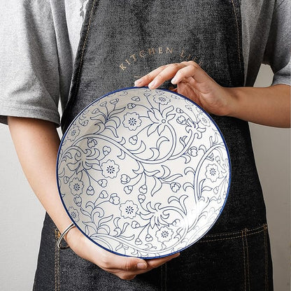 Selamica Porcelain 40oz Large Serving Bowls 9 inch Big Pasta Bowls Set of 4 for Eating, Microwave and Oven Safe, Vintage Blue