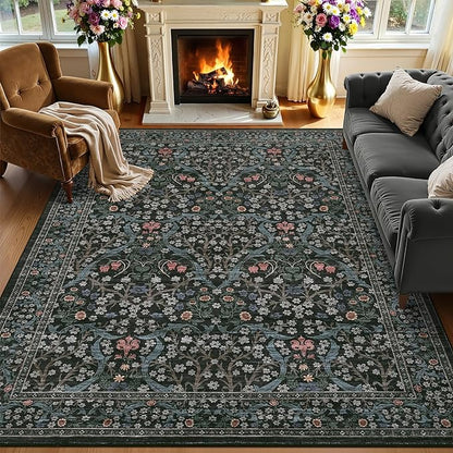 GarveeHome 6x9 Washable Area Rug for Living Room, Floral Dining Room Rugs for Under Table, Low Pile Non-Slip Stain Resistance Floor Carpet for Bedroom, Dark Black