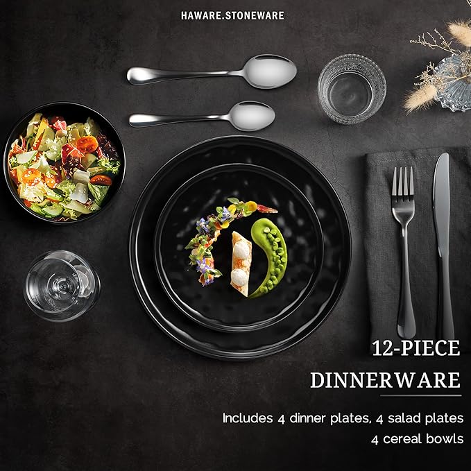 HaWare Dinnerware Sets, 12-Piece Plates and Bowls Set, Matte Black | Stoneware - Image 3