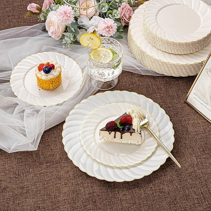 U-QE 60 Pcs Ivory Plastic Plates with Gold Trim – Scalloped Plate Disposable for Party - Elegant Plastic Plates Include 30 10.25" Dinner & 30 7.25" Dessert Plates for Party & Valentines Day