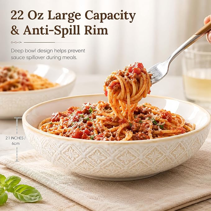 8 inch Pasta Bowls Set of 4, 22 Oz Ceramic Serving Bowls, Large Porcelain - Image 8