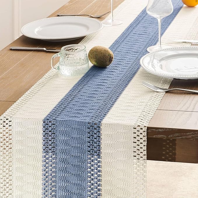 Macrame Style Bicolor Stitching Table Runner 14x90in Blue | Woven Boho Table - Image 5