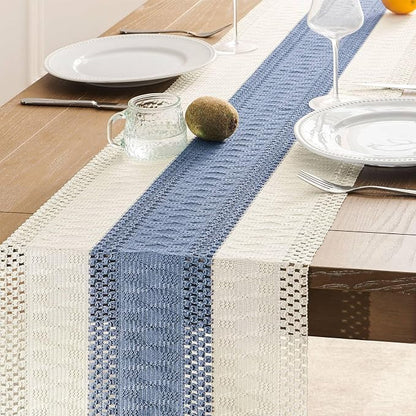 Macrame Style Bicolor Stitching Table Runner 14x90in Blue | Woven Boho Table - Image 5