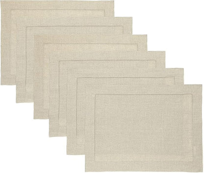 Solino Home Linen Placemats Set of 6 - Classic Hemstitch Natural Placemats 14 x 19 Inch - 100% Pure Linen Table Mats for Spring, Easter