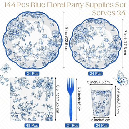 Kochorie 144 Pieces Blue Floral Paper Plates and Napkins Party Supplies - Image 2