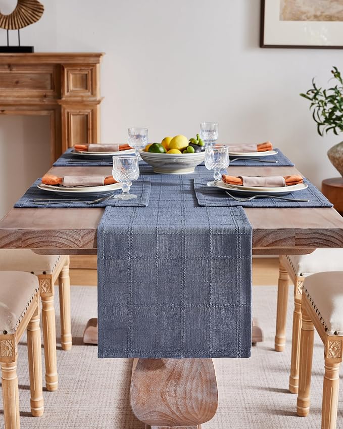 Linen Checked Farmhouse Table Runner, 13x108 Inches Blue | Raised Grid Design - Image 2