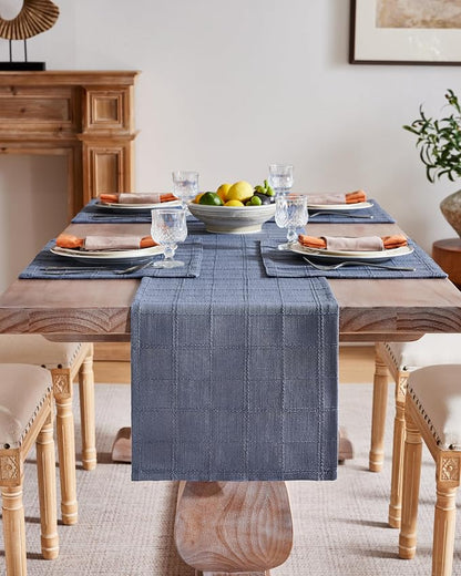 Linen Checked Farmhouse Table Runner, 13x90 Inches Blue | Raised Grid Design - Image 2