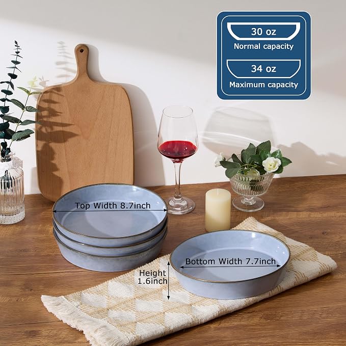 LIANYU Stoneware Pasta Bowls, 34oz Large Salad Plate Bowls Set of 4 | 8.7’’ - Image 3