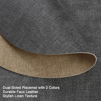 Placemats and Coasters, Washable Reversible Placemats Round Faux Leather Wipeable Place Mats Non Slip Heat Resistant Indoor Outdoor Table Mats (Set of 6, Gray Beige)