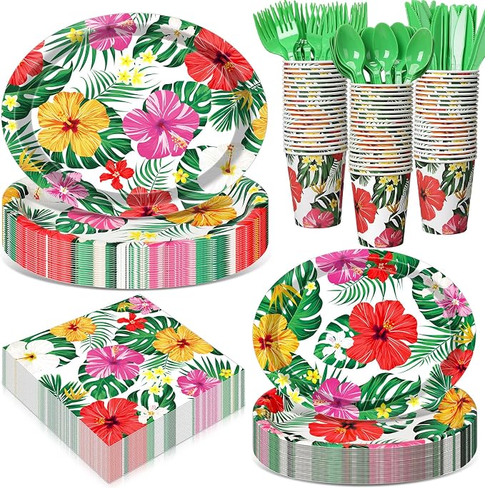 350 Pcs Luau Tropical Party Supplies 12 in Disposable Hawaiian Luau Oval Plates by Pajean