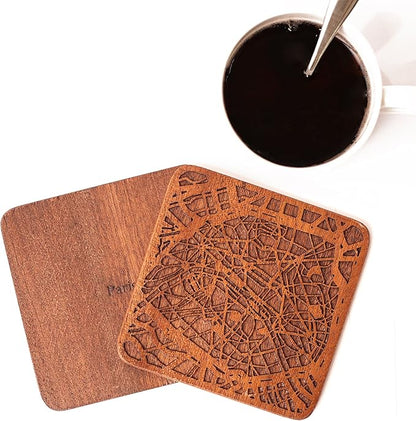 Paris Map Coaster by O3 Design Studio, Set Of 4, Sapele Wooden Coaster With City Map, Handmade