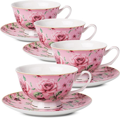 BTaT- Floral Tea Cups and Saucers, 8 oz, Fine Porcelain Teacup Set by BrewToATea