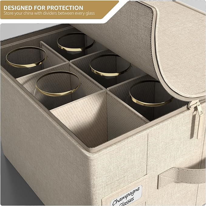 Sorbus China Storage Containers – Dinnerware Organizer for Champagne Flute Glasses with Lid (Holds Service for 12) with Felt Protectors – 13" x 10" x 10.6"