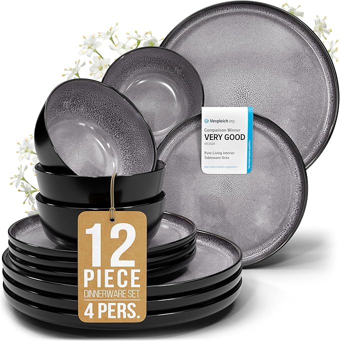 12 Piece Stoneware Dinnerware Set by PURELIVING