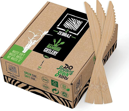 2ZEBRAZ Bamboo Cutlery Set – 100 Disposable Knives | Reusable Smooth Flatware, Heavy-Duty Natural Utensils for Dining and Entertaining