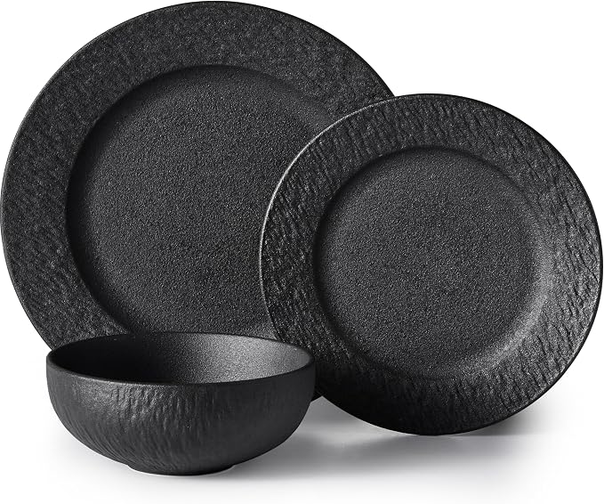 Black Dinnerware Sets, 3-Piece plates and bowls sets, Matte Marble | Premium by KINGSTONE