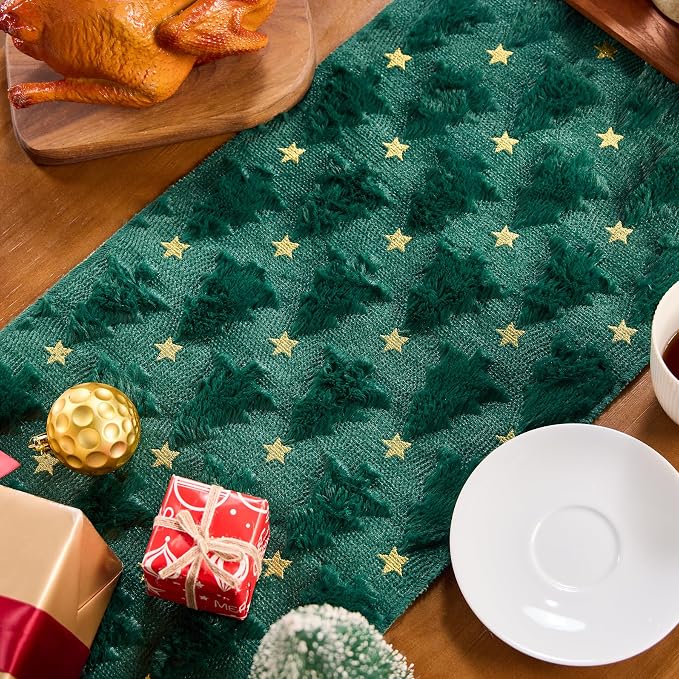Christmas Trees Table Runner Soft Plush Faux Fur Green Tree - Image 2