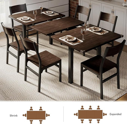 iPormis 7 Pieces Dining Table & Chairs Set for 4-6, 63" Extendable Kitchen Table and 6 Chairs, Dining Room Table with MDF Board & Metal Frame, Perfect for Small Space, Easy Clean, Espresso