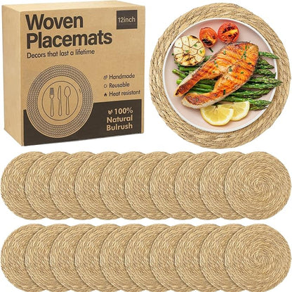 Elcoho 20 Pieces Round Woven Placemats 12 Inch Boho Rattan Placemats Farmhouse Braided Place Mats Woven Plate Chargers Rustic Wicker Table Mats for Dining Table