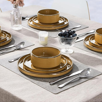 Herogo 24 Pieces Stoneware Dinnerware Set for 8, Ceramic Dinner Dishware Sets for Home Kitchen, Plates and Bowls with Rustic Terracotta Bottom, Dishwasher & Microwave Safe, Earthen Brown