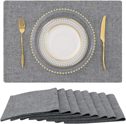 homing Cotton Linen Placemats Set of 8, Cloth Washable Farmhouse Dining Table Mats for Indoors & Outdoors, Easy to Clean, Dark Grey, 13 x 19 Inch