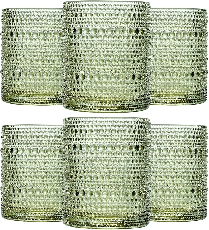 JOVGANK Green Vintage Hobnail Drinking Glasses Set of 6, Embossed Water Tumbler by JOVGANK
