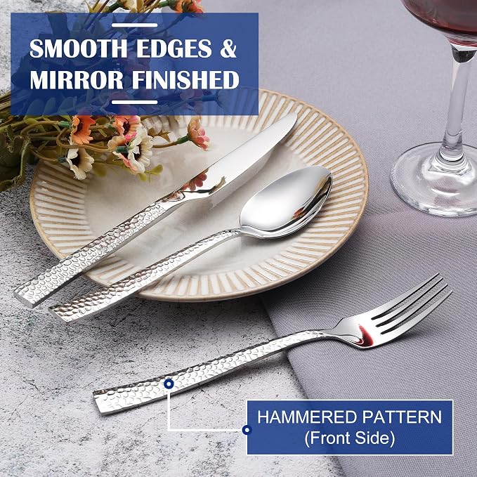 E-far 12-Piece Hammered Silverware Set, Stainless Steel Flatware Set - Image 4