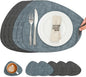 Placemats and Coasters, Washable Reversible Placemats Round Faux Leather Wipeable Place Mats Non Slip Heat Resistant Indoor Outdoor Table Mats (Set of 6, Gray Light Blue)