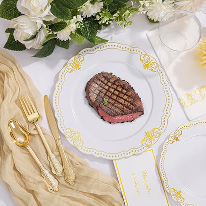 Ciaell 175 PCS White and Gold Plastic Plates - Fancy Gold Disposable Dinnerware Set with of 50 Plastic Plates, 25 Knives, 25 Forks, 25 Spoons, 25 Cups, 25 Napkins for Wedding, Party