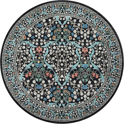 GarveeHome Black Floral 6 ft Round Rug Washable Non-Slip Soft Low Pile Circle Carpet Vintage Rugs for Kitchen Bedroom Nursery Dining Living Room
