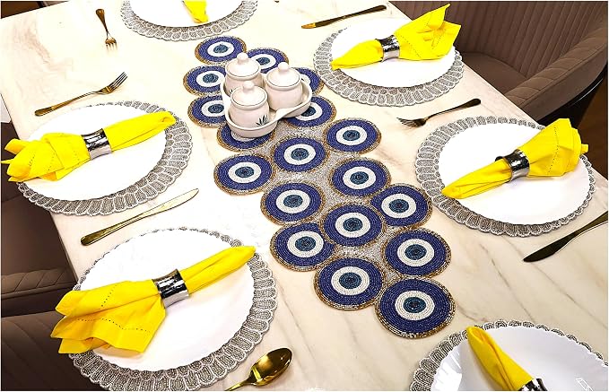Beaded Table Runner 13x36 Inch Blue Gold Multi Evil Eye Handmade Decorative - Image 2