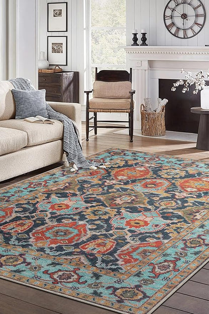 Keen Home Design 8x10 Rug - Machine Washable Area Rug with Non-Slip Backing, Ideal for Living Room, Dining Room, Bedroom - Vintage, Easy Clean, Durable, Low Pile Rug - (8' x 10')