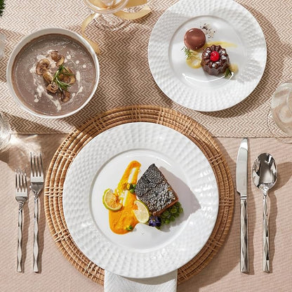 KINGSTONE 24-piece Bone China Dinnerware Set and 40-piece silverware, White Lightweight Porcelain for 8, Plates, Bowls with matching flatware, Microwave and Dishwasher Safe, for Family, Gifting