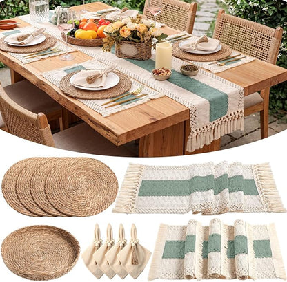 4 Sets Boho Decoration Placemats Round Woven Placemats, Cloth Napkins, Wood by Gandeer