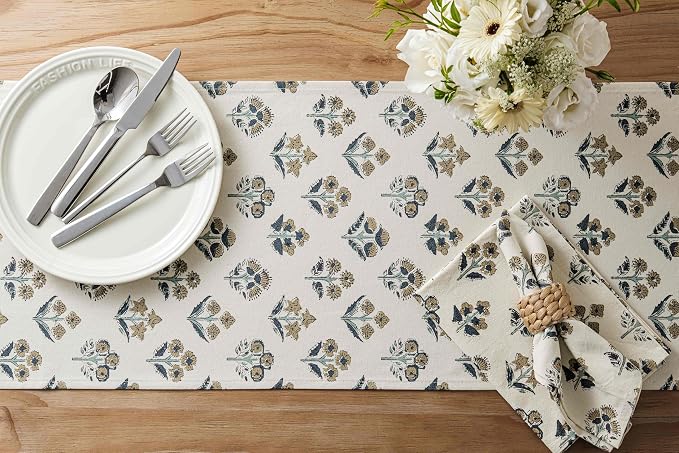 Block Print Floral Decorative Table Runners, 13x36 Inch Latte | 100% Organic - Image 4