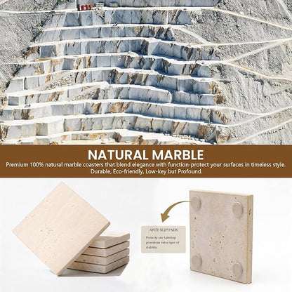 Natural Marble Coasters, Square Costers, Luxury Aesthetic Modern Decor for Coffee Table Bar Kitchen Home, Travertine Marble, Real Natural Semi Absorbent Stone Coasters