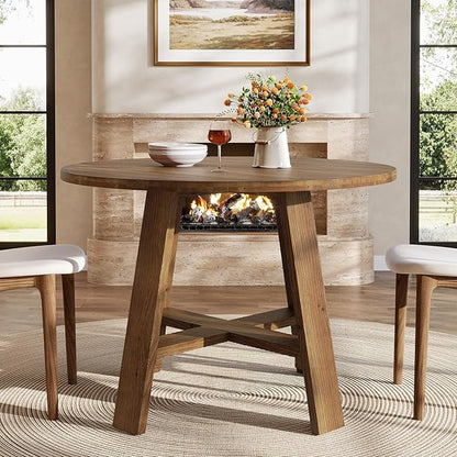 39.4" Round Dining Table for 2–4 People, Solid Wood Farmhouse Kitchen Table with Natural Wood Grain for Dining Room, Rustic Brown