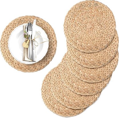 12" Water Hyacinth Woven Round Placemats Set of 6 - Wicker Boho Farmhouse Placemats - Rattan Table Mats for Dining Table, Wedding, Home