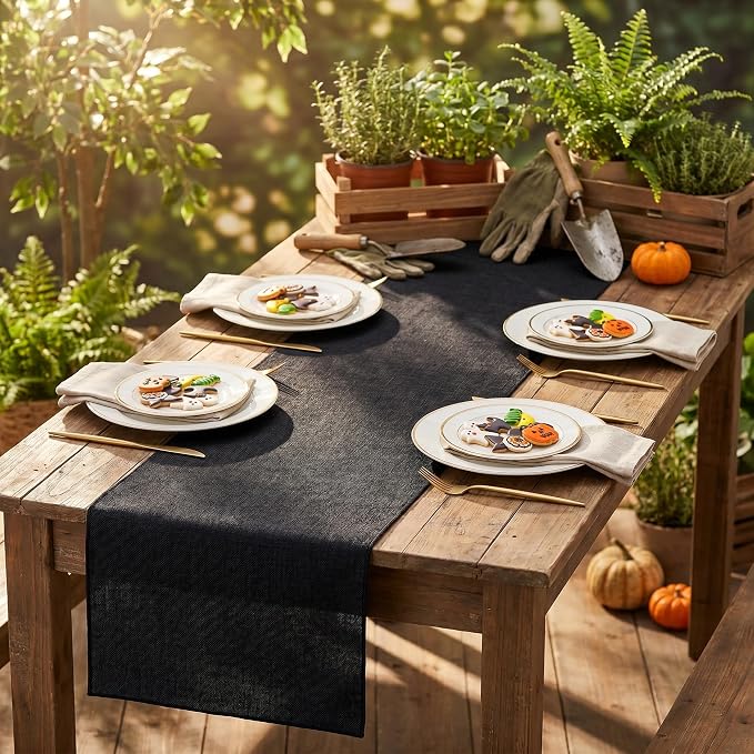 Black Burlap Table Runners 2 Packs 13x108 Inch Rustic Boho Table Runner | - Image 4