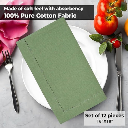 Urban Villa Cloth Napkins Hemstitch Dinner Napkins Set of 12 20X20 100% Cotton Absorbent Washable Durable Reusable Cloth Napkins for Farmhouse Party Hotel Lunch Restaurant Everyday Use - Sage
