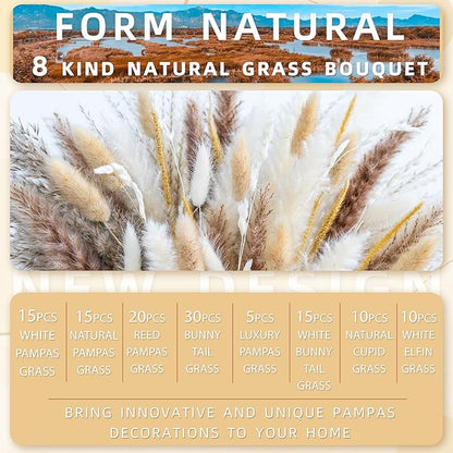 120PCS Natural Pampas Grass Mix Bouquet | Dried Pampas Bouquet for Wedding Boho Flowers Home Table Decor Desk Decor, Rustic Farmhouse Decor (120PCS)