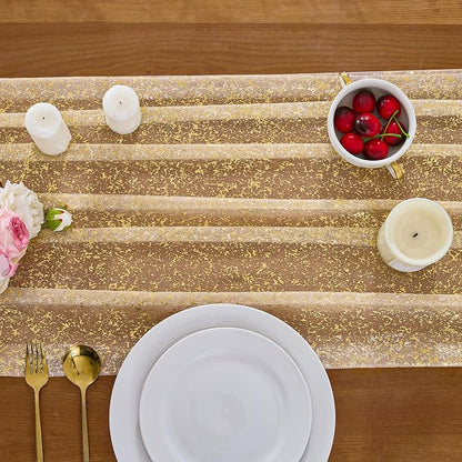 12PC Gold Sparkly Gauze Table Runner 120 Inch 10FT Dining Wedding Baby Shower - Image 6