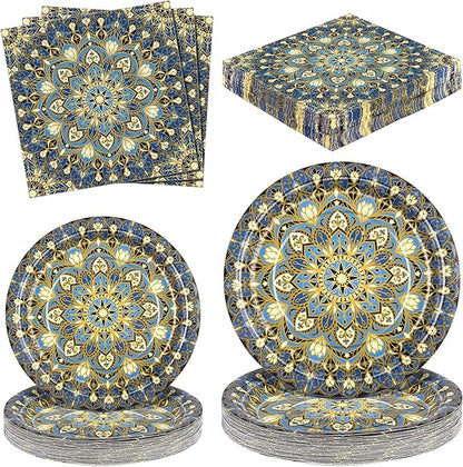 Kochorie 100 Pieces Bohemian Style Paper Plates and Napkins Set Vintage Bohemian Decorative Paper Plates (25 x 7 Inch & 25 x 9 Inch) Boho Tableware Set for Daily Use Party Kitchen Wedding Decor