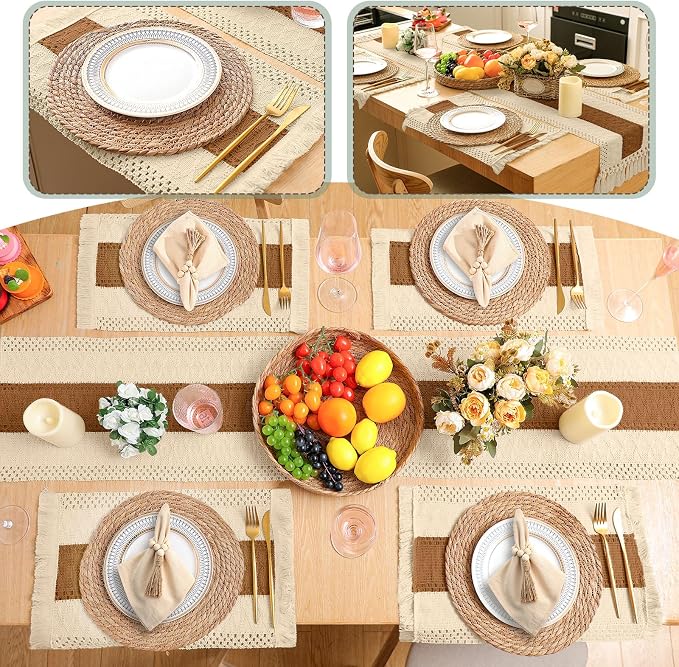 Boho Placemats 4/6/8 Set of Round Woven Placemat Macrame Style Bicolor - Image 5