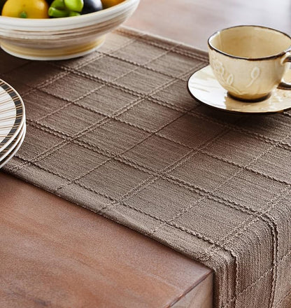 Linen Checked Farmhouse Table Runner, 13x90 Inches Cocoa Brown | Raised Grid - Image 5