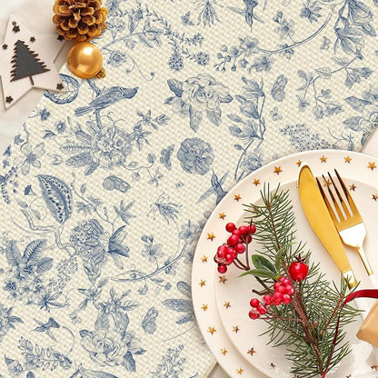 Blue Flower Burlap Table Runner Seasonal Spring Fall Kitchen Dining Linen Table - Image 4