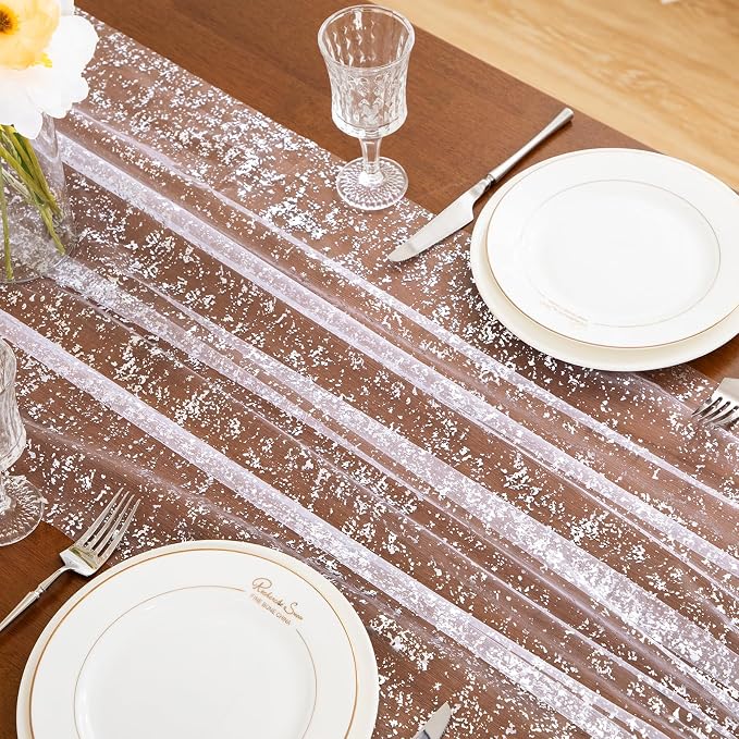 SiinvdaBZX 4 Pcs White Silver Sheer Tulle Table Runner 120 Inch/10 Ft Long | - Image 6